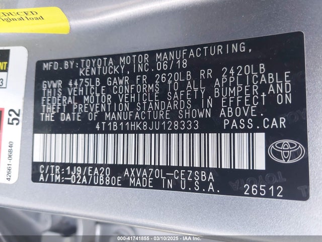 4T1B11HK8JU128333 Toyota CAMRY SE