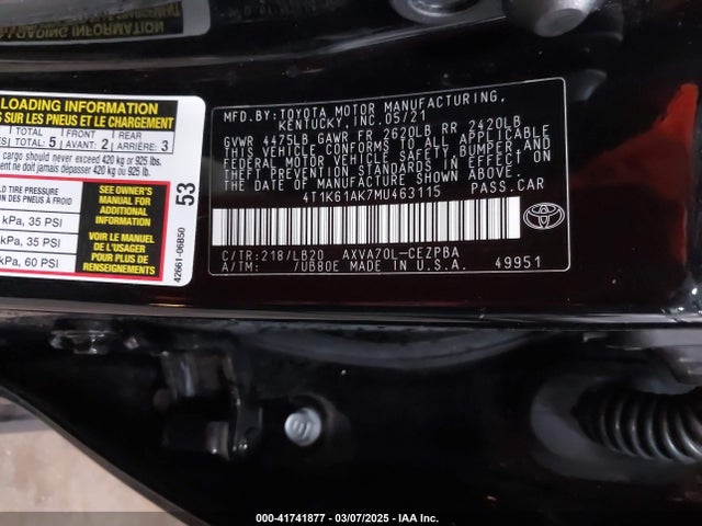 4T1K61AK7MU463115 Toyota CAMRY XSE