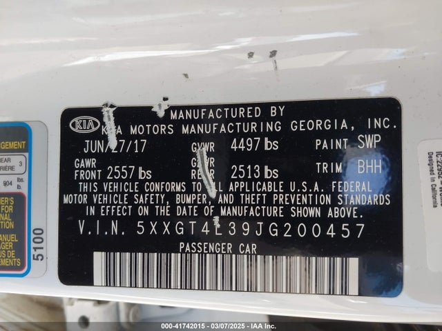 5XXGT4L39JG200457 KIA Optima Lx