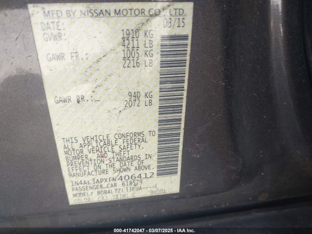 1N4AL3APXFN406412 Nissan Altima 2.5 Sl