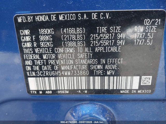 3CZRU6H54MM733860 Honda Hr-v Awd Ex