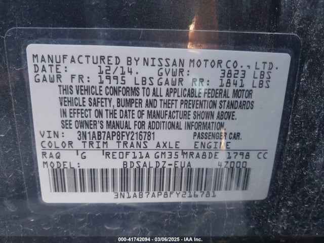 3N1AB7AP8FY216781 Nissan Sentra Fe+ S/s/sl/sr/sv