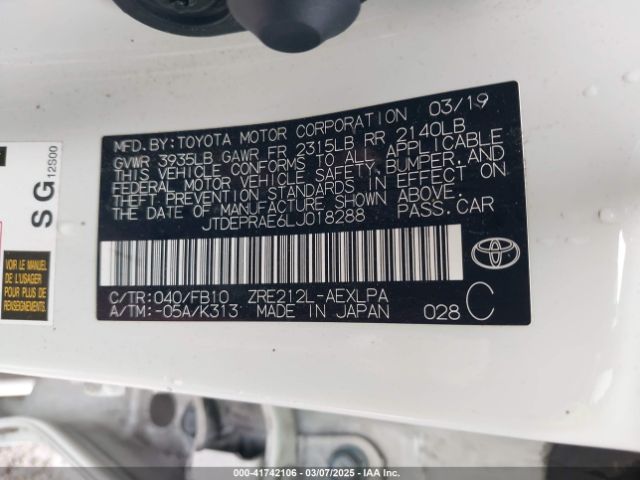 JTDEPRAE6LJ018288 Toyota COROLLA LE