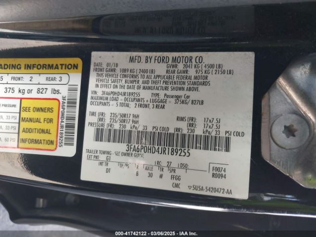 3FA6P0HD4JR189255 Ford FUSION SE