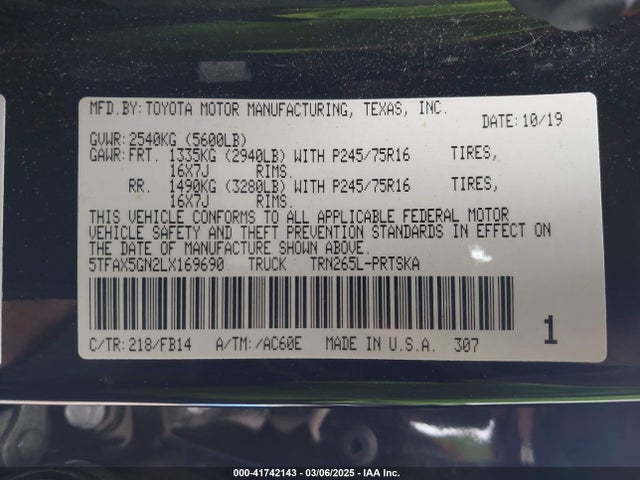 5TFAX5GN2LX169690 Toyota 2tr-fe