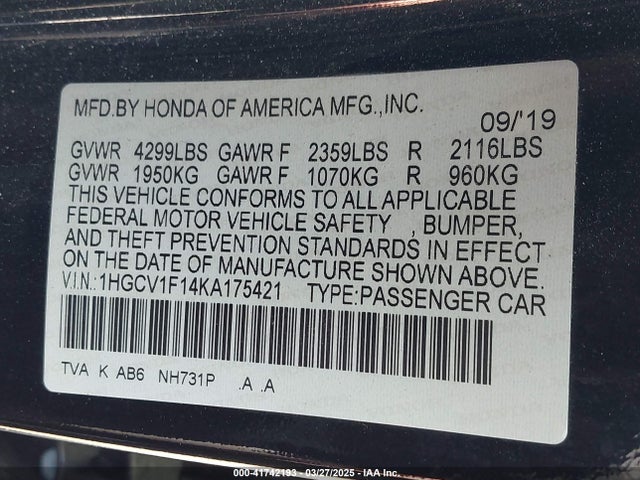 1HGCV1F14KA175421 Honda ACCORD LX