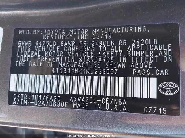 4T1B11HK1KU259007 Toyota CAMRY LE