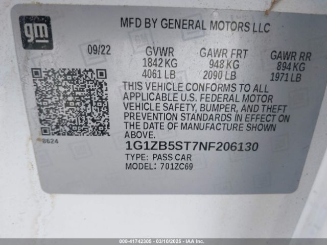 1G1ZB5ST7NF206130 Chevrolet Malibu Fwd Ls