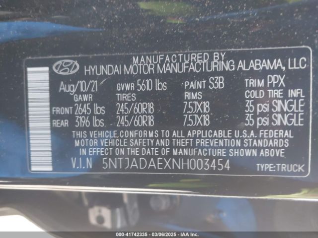 5NTJADAEXNH003454 Hyundai Santa Cruz Se