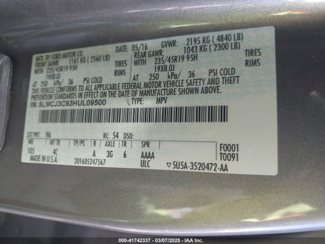 5LMCJ3C93HUL09500 Lincoln Mkc Reserve