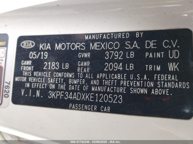 3KPF34ADXKE120523 KIA FORTE S