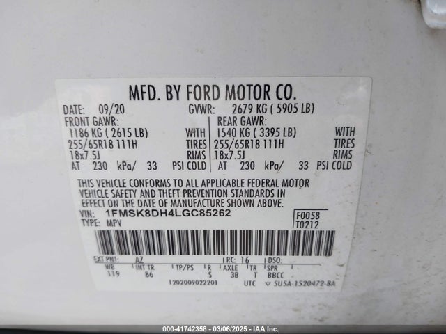 1FMSK8DH4LGC85262 Ford EXPLORER XLT