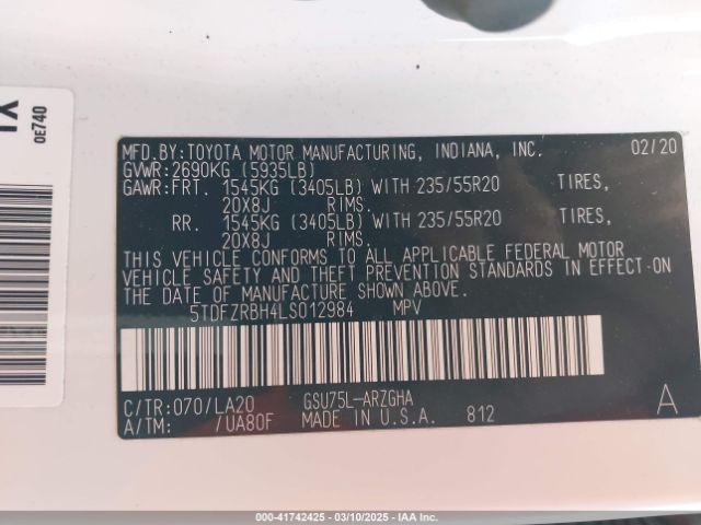 5TDFZRBH4LS012984 Toyota Highlander Platinum