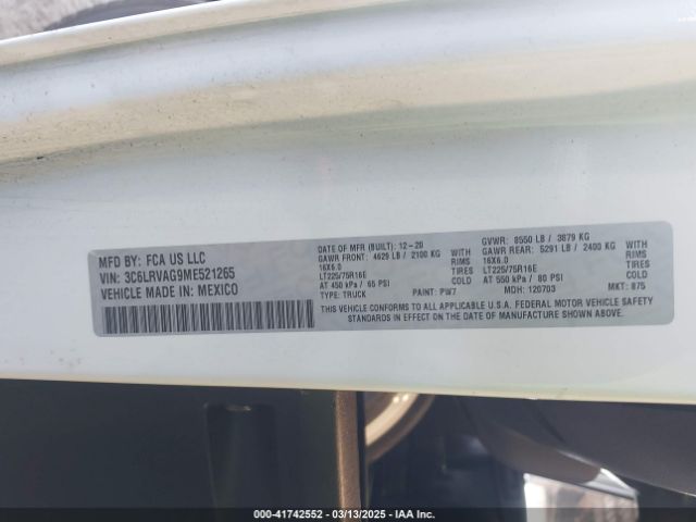 3C6LRVAG9ME521265 RAM Promaster 1500 Low Roof 136 Wb