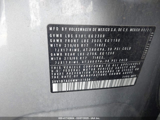 3VV1B7AX6MM131036 Volkswagen Tiguan 2.0t S