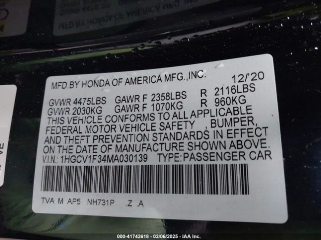 1HGCV1F34MA030139 Honda Accord Sport