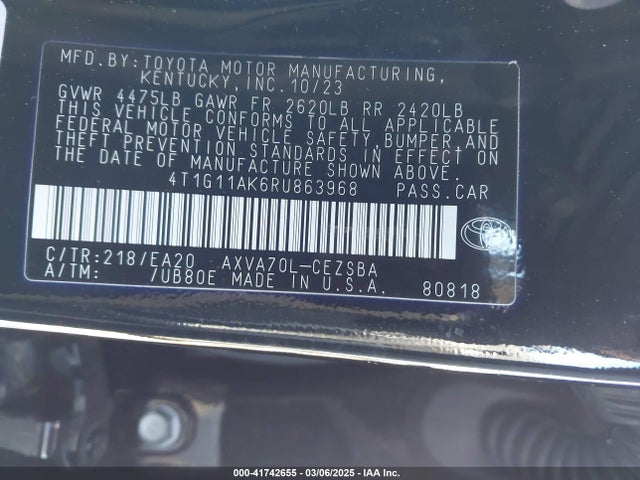 4T1G11AK6RU863968 Toyota CAMRY SE