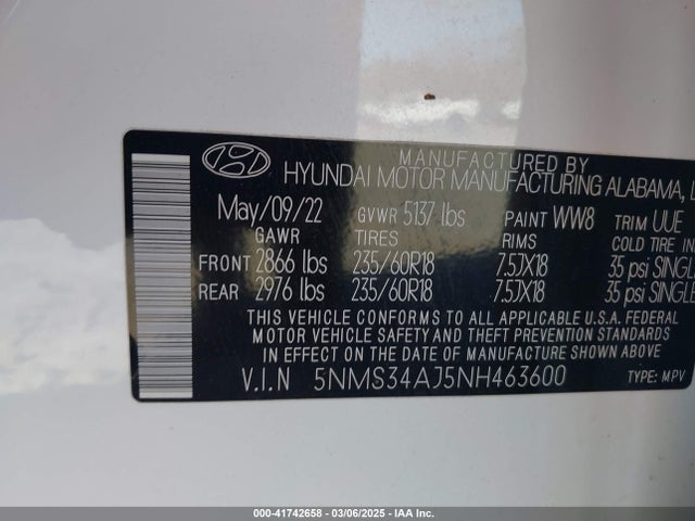5NMS34AJ5NH463600 Hyundai Santa Fe Sel