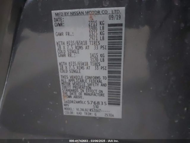 5N1DR2AM9LC576835 Nissan Pathfinder S 4wd