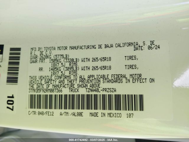 3TMKB5FN2RM007366 Toyota Tacoma Trd Sport 2wd