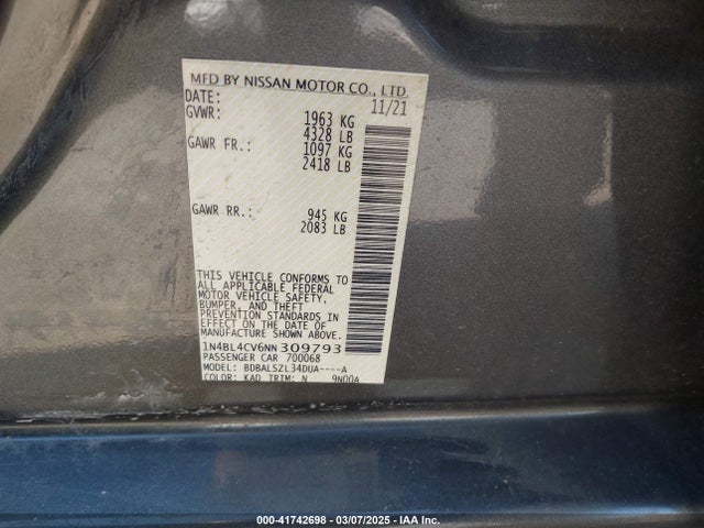 1N4BL4CV6NN309793 Nissan Altima Sr Fwd