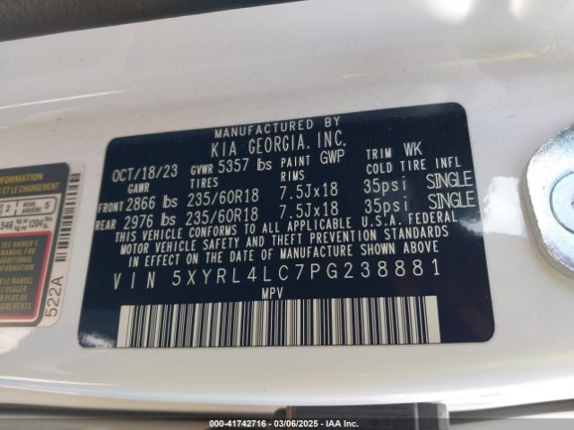5XYRL4LC7PG238881 KIA SORENTO S