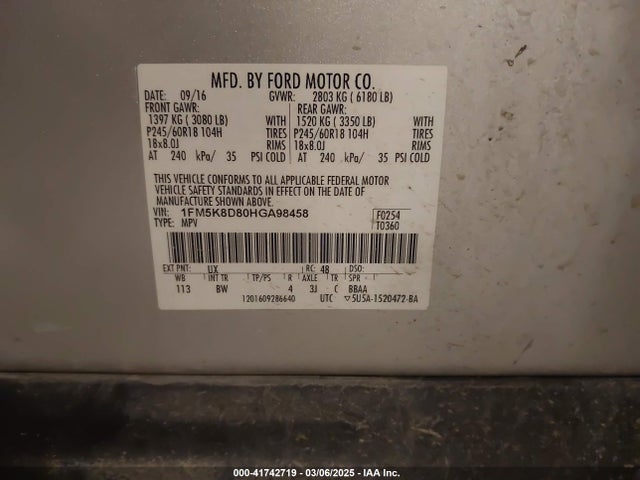 1FM5K8D80HGA98458 Ford EXPLORER XLT