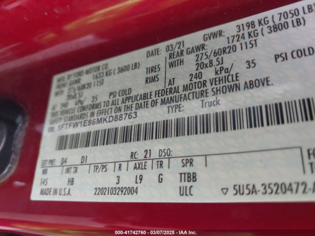 1FTFW1E86MKD88763 Ford F-150 Lariat