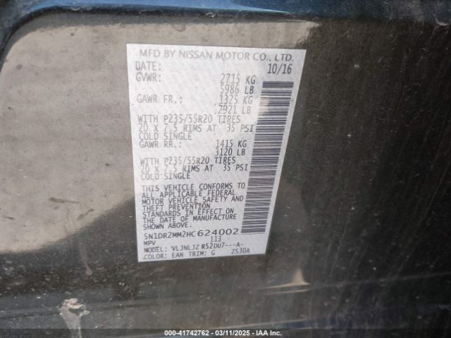 5N1DR2MM2HC624002 Nissan Pathfinder Platinum
