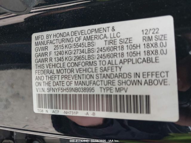 5FNYF5H59NB038995 Honda Pilot 2wd Ex-l