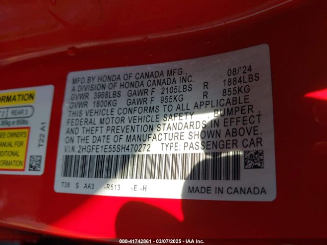 2HGFE1E55SH470272 Honda Civic Si Base W/high Performance Summer Tires/