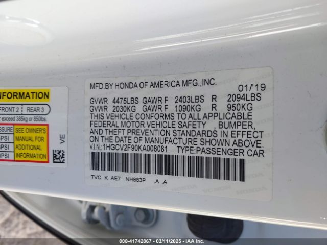 1HGCV2F90KA008081 Honda Accord Touring 2.0t