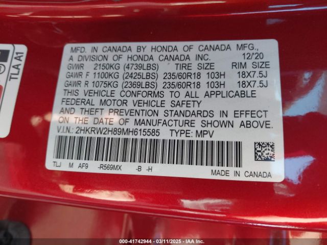 2HKRW2H89MH615585 Honda Cr-v Awd Ex-l