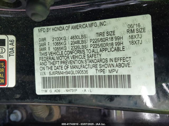 5J6RM4H94GL090536 Honda Cr-v Touring
