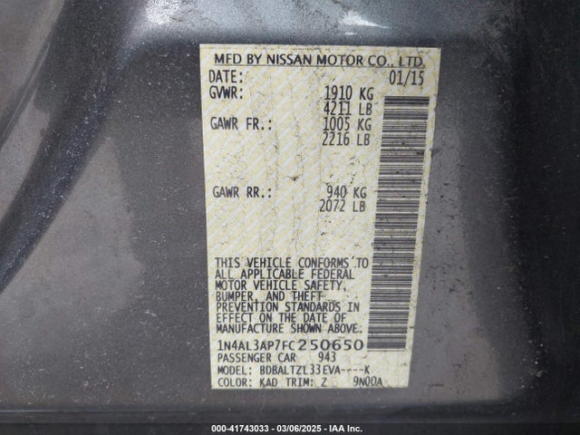 1N4AL3AP7FC250650 Nissan Altima 2.5 Sl