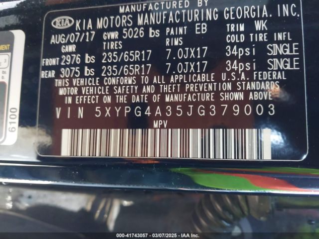 5XYPG4A35JG379003 KIA Sorento 2.4l Lx