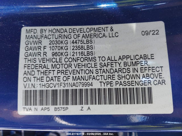 1HGCV1F31NA079994 Honda Accord Sport