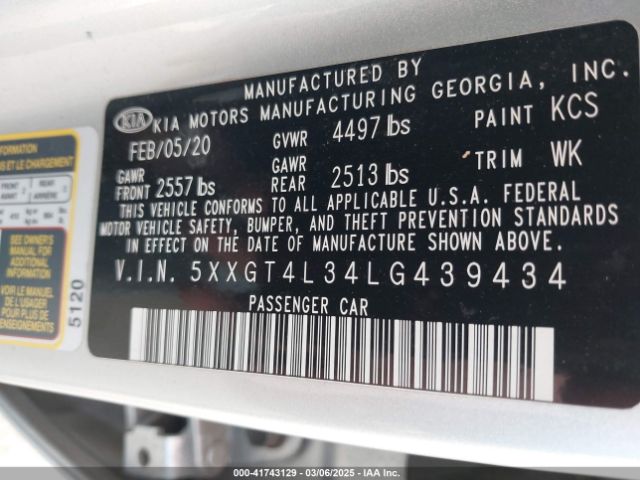 5XXGT4L34LG439434 KIA Optima Lx