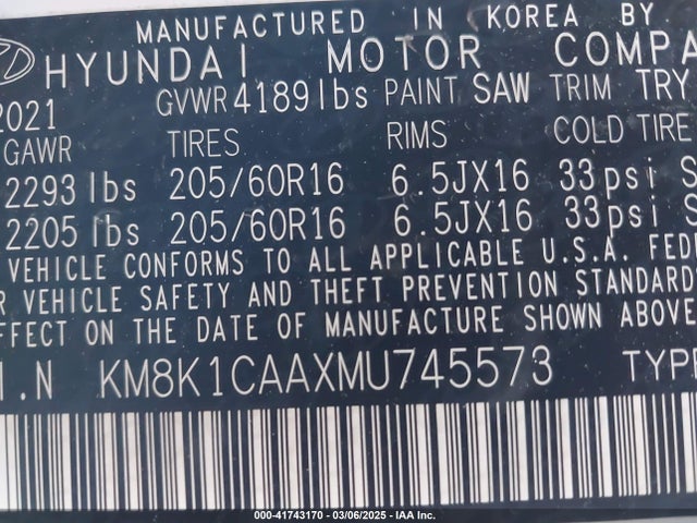 KM8K1CAAXMU745573 Hyundai Kona Se