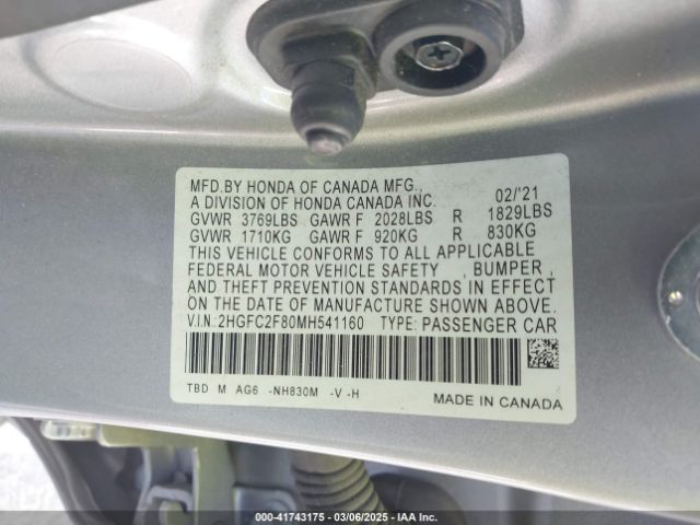 2HGFC2F80MH541160 Honda Civic Sport