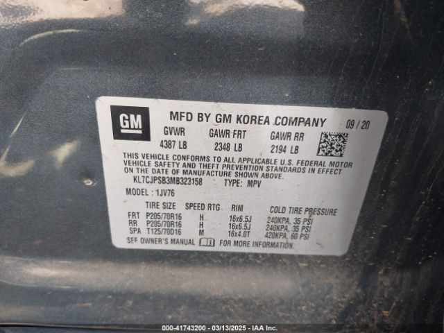 KL7CJPSB3MB323158 Chevrolet Trax Awd Lt
