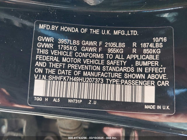 SHHFK7H49HU207373 Honda Civic Sport