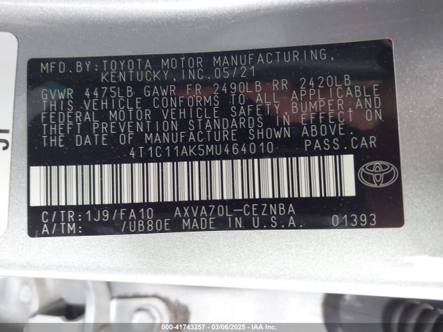 4T1C11AK5MU464010 Toyota CAMRY LE