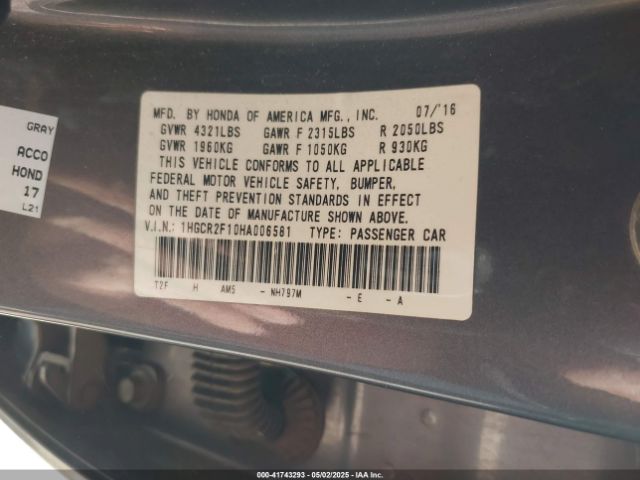 1HGCR2F10HA006581 Honda Accord Sport Se