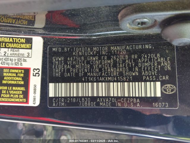 4T1K61AKXMU415821 Toyota CAMRY XSE