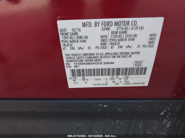 Ford Explorer 2016 1FM5K8BH0GGC28644 Image 9