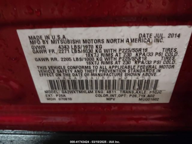 4A4AP3AU8FE001453 Mitsubishi Outlander Sport Es