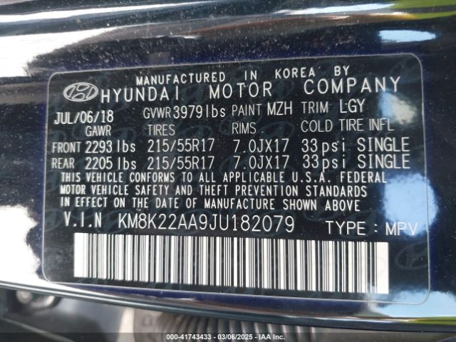 KM8K22AA9JU182079 Hyundai Kona Sel