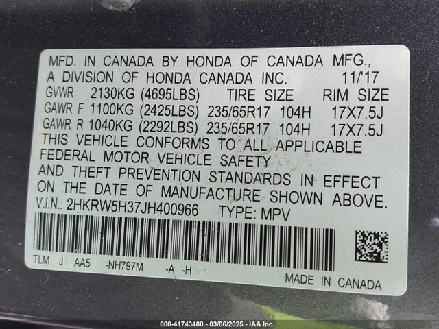 2HKRW5H37JH400966 Honda CR-V LX