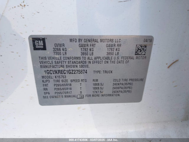 1GCVKREC1GZ275874 Chevrolet Silverado 1500 1lt
